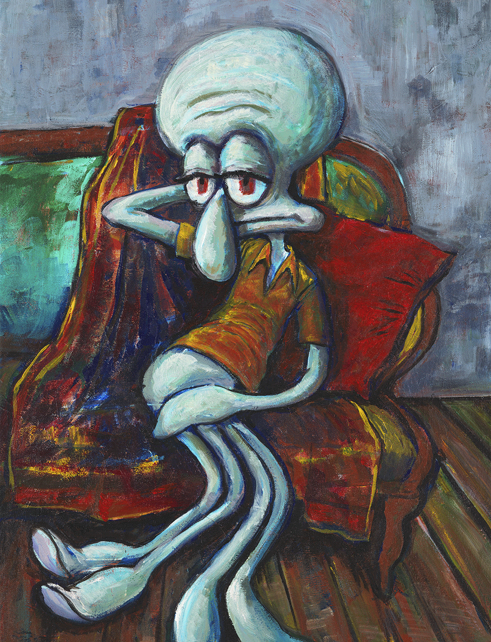 Seated On Green Sofa - Print